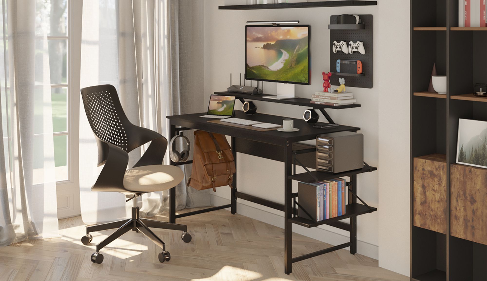 Mondeer Schreibtisch Computertisch mit Monitorständer und 2 Ablagen Eckschreibtisch Bürotisch Arbeitstisch 120 x 90 x 60 cm Schwarz