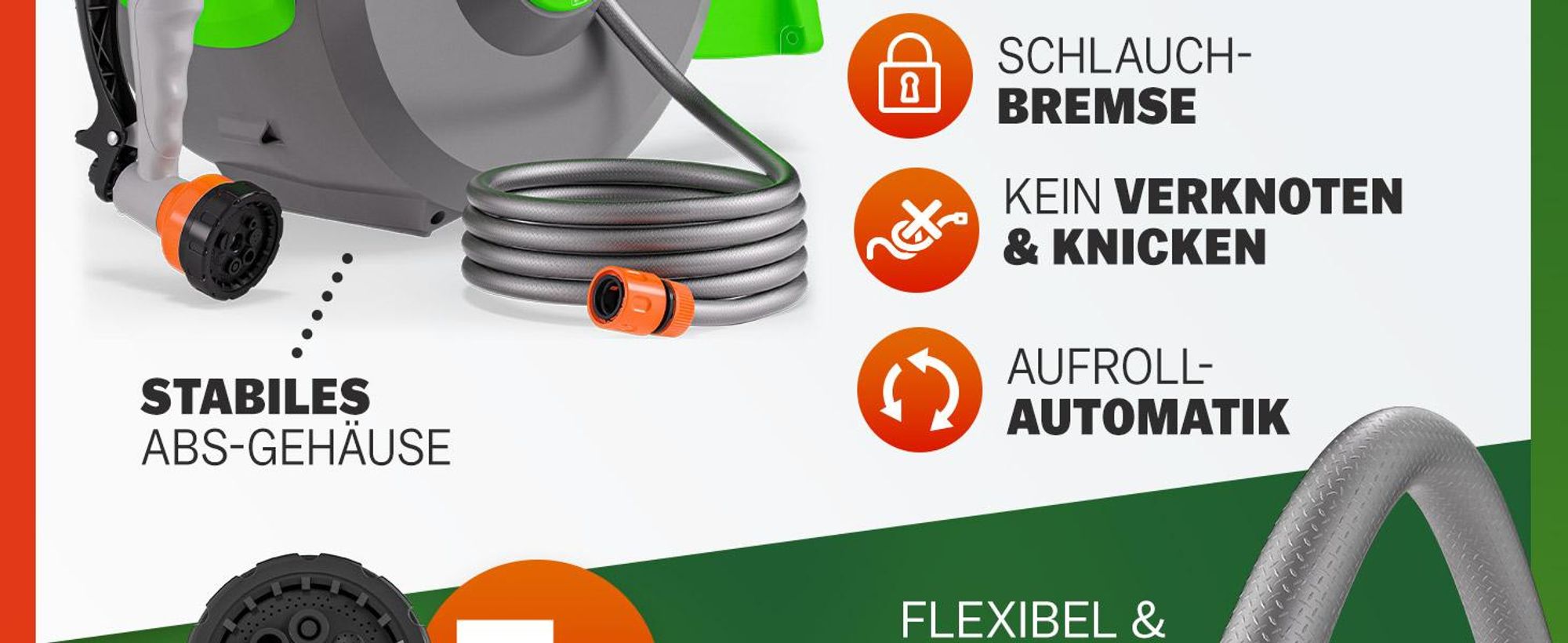 GARDEBRUK® Schlauchtrommel 20m + 2m mit Wandhalterung Garten 1/2“ Multifunktions-Handbrause Schlauchführung Schlauchaufroller Wandschlauchbox