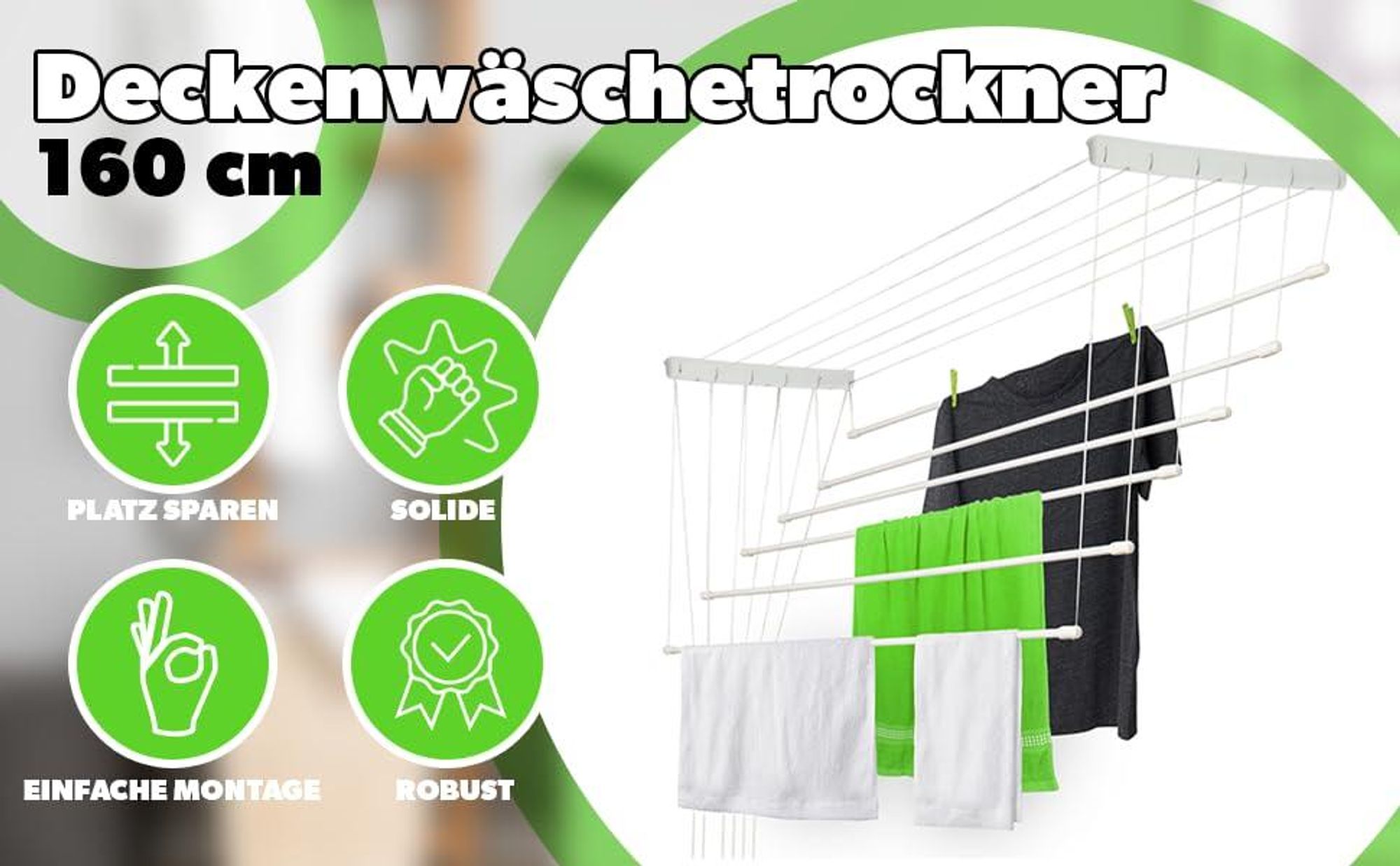 KADAX Deckenwäschetrockner "Torp", Deckentrockner Traglast 12kg, 6 Stäbe, 160 cm, weiß
