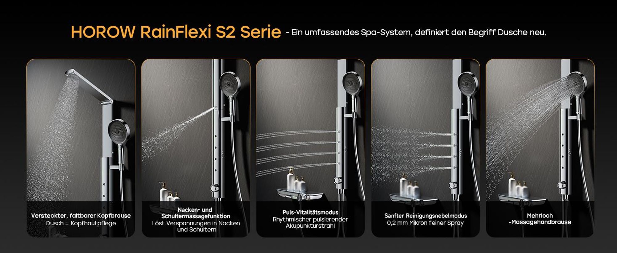 HOROW RainFlexi S2 Duschpaneel mit Thermostat, Chrom Regendusche mit Klappbaren Kopfbrause, Höhenverstellbares Duschsystem
