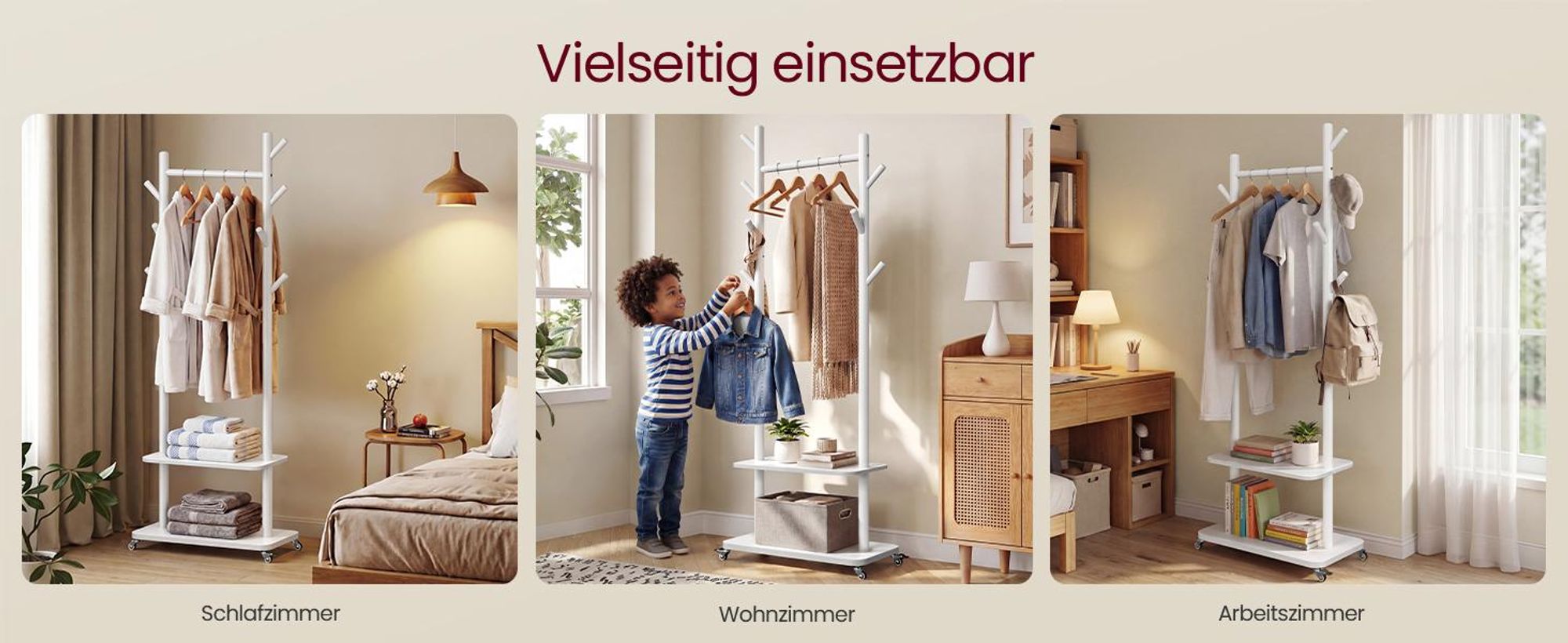 VASAGLE Garderobenständer, 7 Haken, 2 Ablagen, Rollen, Massivholz, Flur, Schlafzimmer, Wohnzimmer, weiß