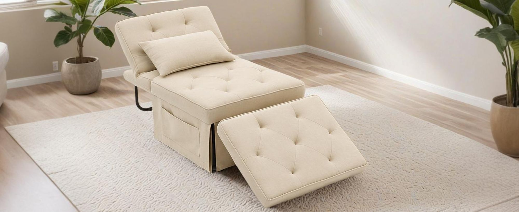 FLEXISPOT 4-in-1 Schlafsofa Klappbett Einzelsofa mit klappbarem Hocker, Kissen & 5-fach verstellbarer Rückenlehne, Schlafsessel für Gästezimmer Beige