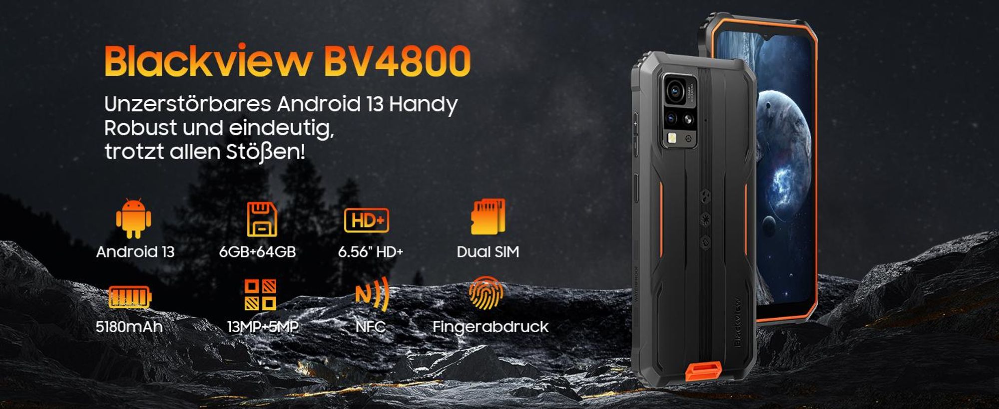 Blackview BV4800 Outdoor Handy 6GB+64GB, IP68/IP69K & MIL-STD 810H , 6,56 Zoll HD+ Display, 5180mAh Hochleistungsakku, Android 13 + Doke 3