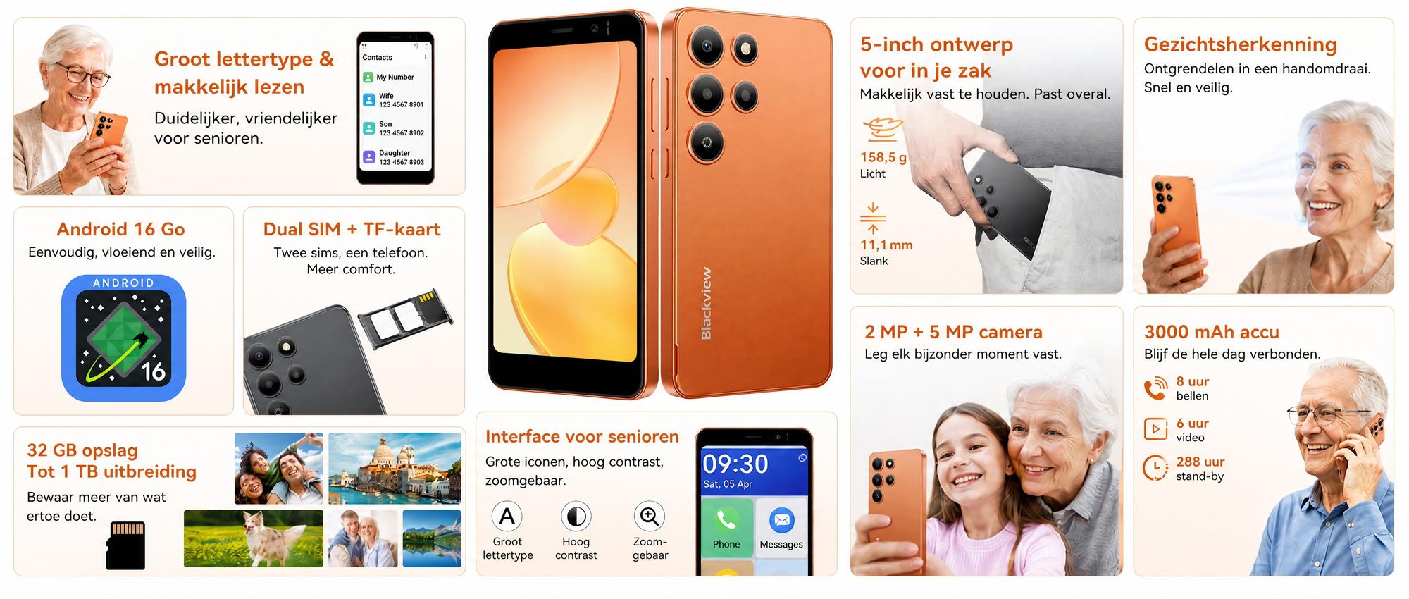 Blackview-Oscal Wave 2C, 5-inch, ultralicht smartphone, zonder abonnement, Android 16, 12+32GB, Face ID, dual SIM, 1080P, inclusief gratis TPU beschermhoes