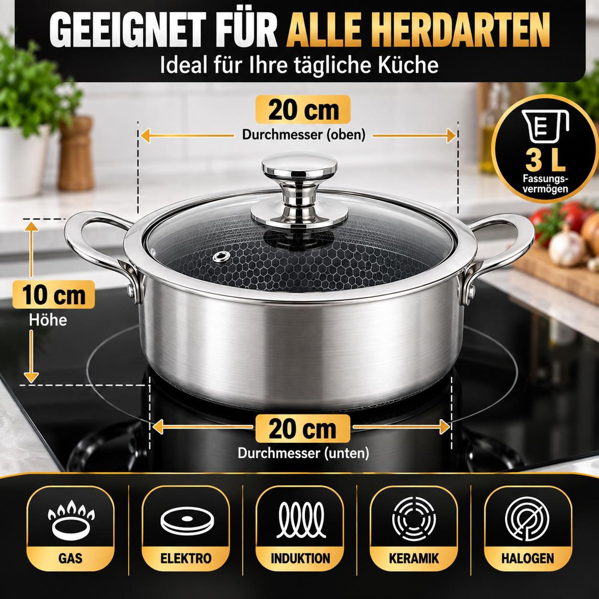 Bratpfanne – Mit Deckel, 20 cm – Edelstahl – Wabenstruktur – Induktionsgeeignet – Royal Swiss®