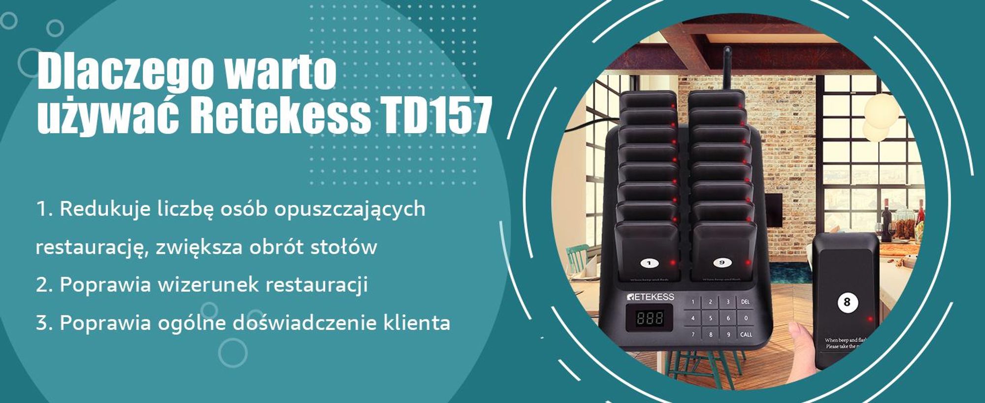 Retekess TD157 Restauracyjny system przywoławczy bezprzewodowy, 500M, 20H godzin pracy, 2 tryby wywoływania, dla dla Gastro Miasto i hotelarstwo