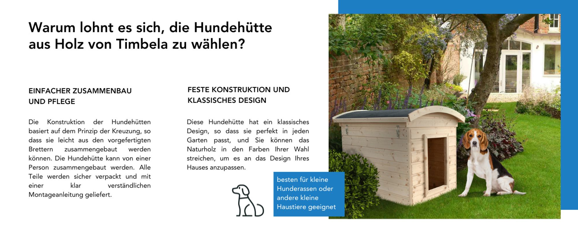 Hundehütte Outdoor kleine Hunde – Hundehaus Holz für Kleiner Rassen, wasserfestes Dach 87 x 102 x H84 cm, Größe S, Timbela M405-1