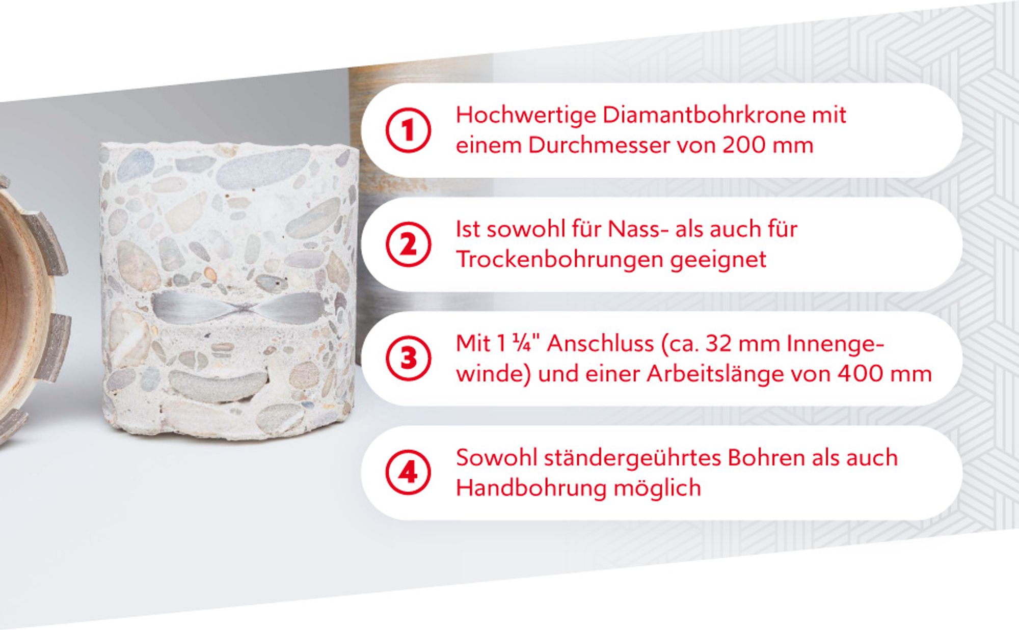 Wiltec Diamantbohrkrone ⌀200 mm 1 1/4 UNC 400 mm für Kernbohrgeräte, Kernbohrkrone aus Sintermetall, Nassbohrkrone, Trockenbohrkrone