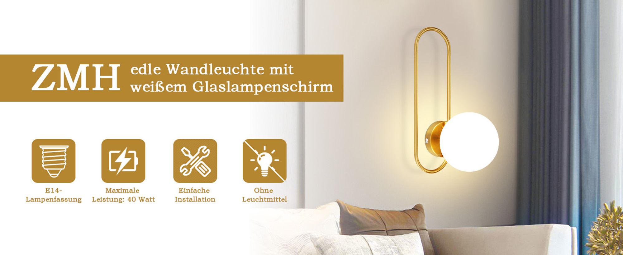 ZMH Wandleuchte Innen Wandlampe Flur Glas Schlafzimmer Wandbeleuchtung Gold Modern Flurlampe Wand Lampen E14 Glaskugel Retro Beleuchtung für Treppenhaus Bett Wohnzimmer Hotel Ohne Leuchtmittel