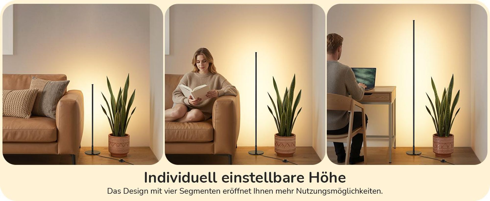 EDISHINE Stehlampe Wohnzimmer Schwarz, LED Stehleuchte mit 3 Farbtemperaturen & stufenlos dimmbar, höhenverstellbar 152 cm, Ecklampe für Schlafzimmer