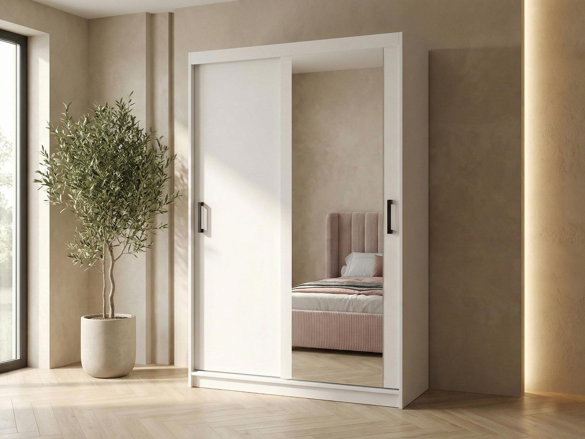 BEAUTYSOFA | Schwebetürenschrank HELA 100 cm Weiß – 2-türig Moderner Kleiderschrank mit Spiegel und Schiebetüren