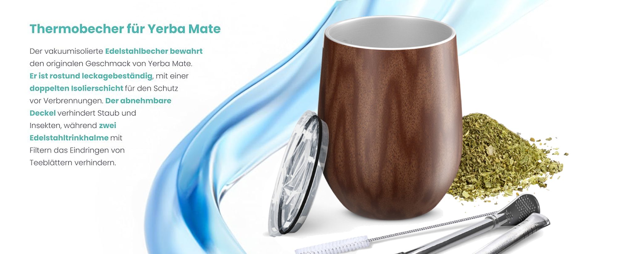 Aquafloow Yerba Mate Becher 355 ml Edelstahl Braun – Doppelwandiger Thermobecher mit Deckel, 2 Strohhalmen & Reiniger