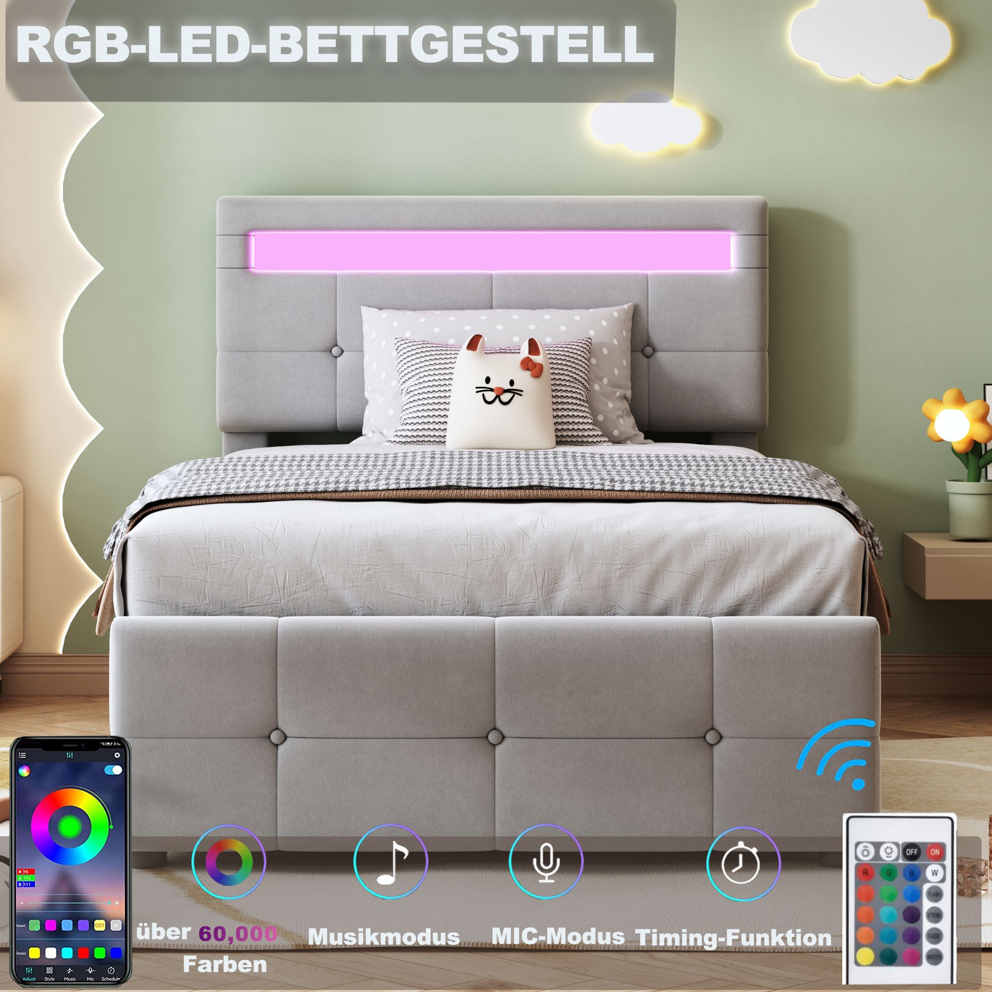 Flieks Hydraulisches Polsterbett 90x200cm mit LED, Jugendbett Einzelbett mit Lattenrost, Stauraumbett Boxspringbett höhenverstellbarem Kopfteil, Samt