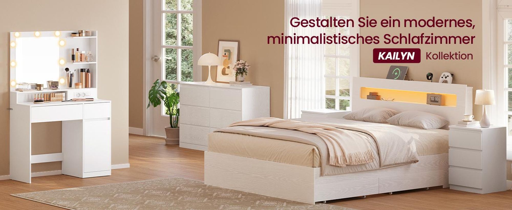 VASAGLE Schminkkommode, mit Spiegel und Beleuchtung, Ladestation, 2 Schubladen, werkzeuglose Gleitschienen, weiß