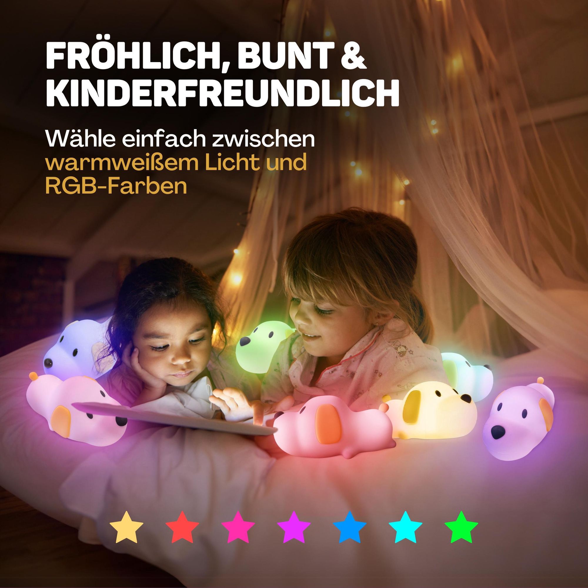 Nachtlicht für Kinder mit Touch-Bedienung und 8 Farben, Silikon-LED-Nachtlicht für das Kinderzimmer, USB-aufladbar, Dimmbar, Timer-Funktion, Welpe