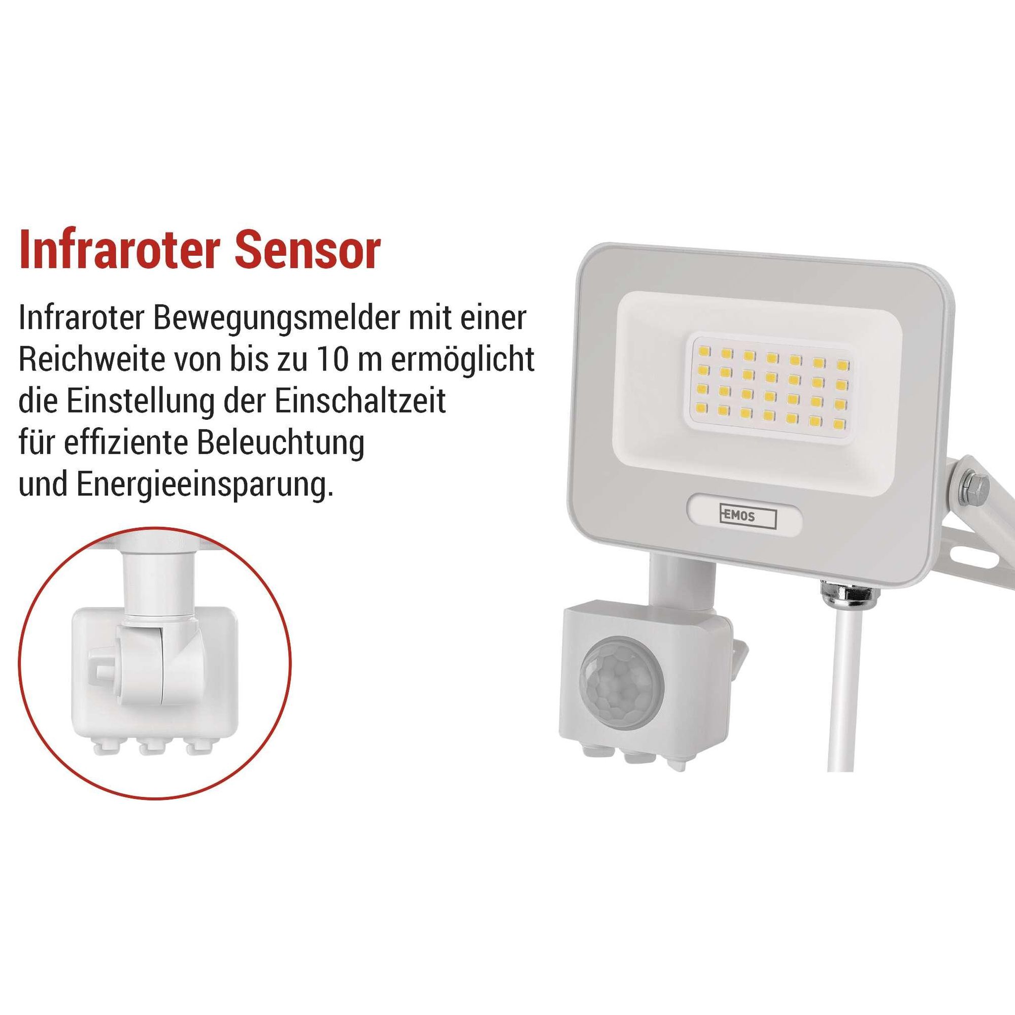 EMOS LED Aluminium-Strahler GLARO 20W mit Sensor, IP54 für Feuchtraum/Außen, 2000lm, Neutralweiß 4000K, 20cm Gummi-Kabel, Weiß, ZS2324W