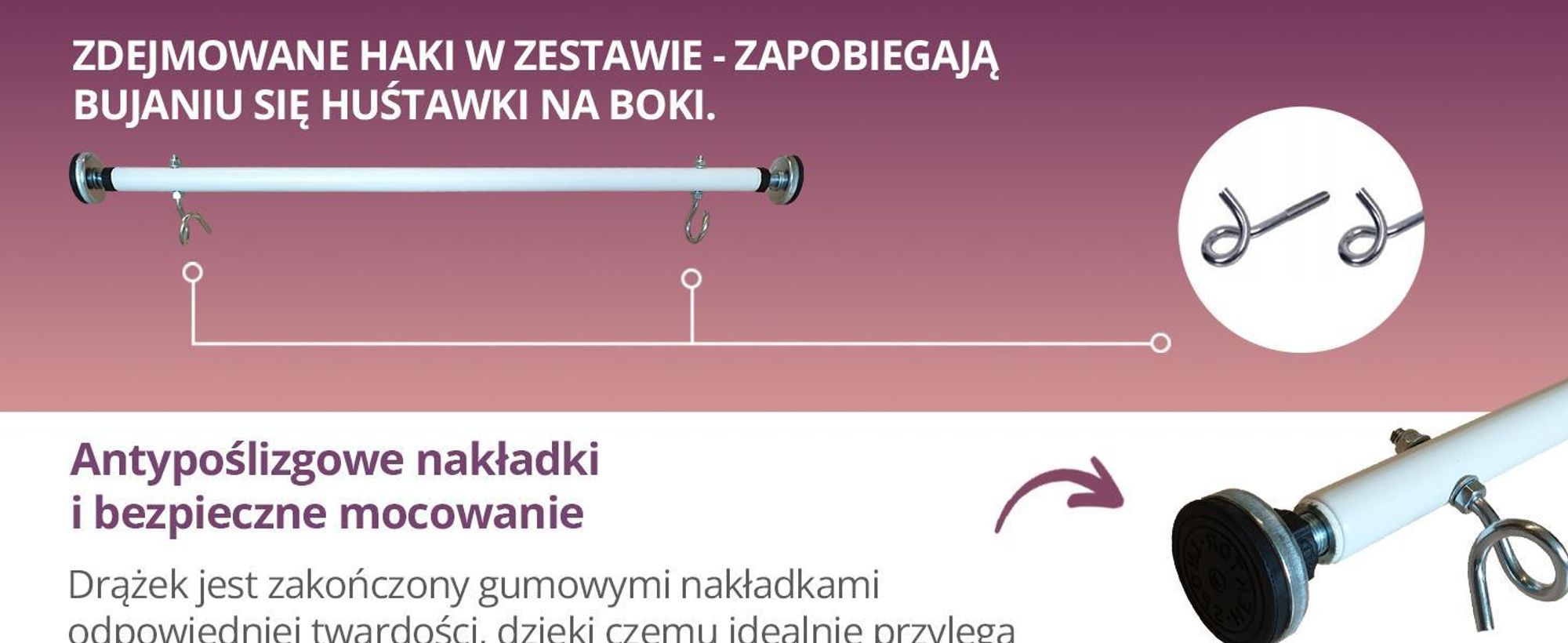 Create for you® - Drążek do Podciągania z Hakiem do Huśtawki Dziecięcej - Sprzęt Fitness do Domu - Montaż bez Wiercenia, do Futryny, z Hakami - 80cm