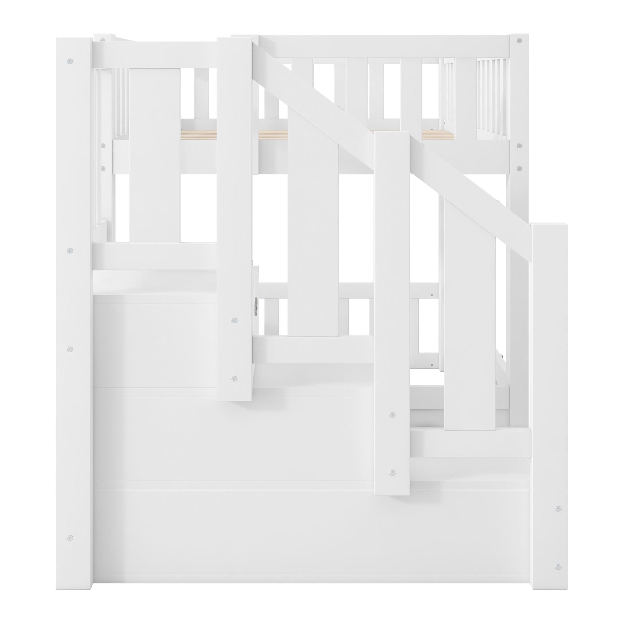 Merax Etagenbett 90x200 cm, Stockbett mit Zaun und Lagertreppe, Kinderbett, Jugendbett, ideal für Kinderzimmer, Kiefer, Massivholzbett, Weiß