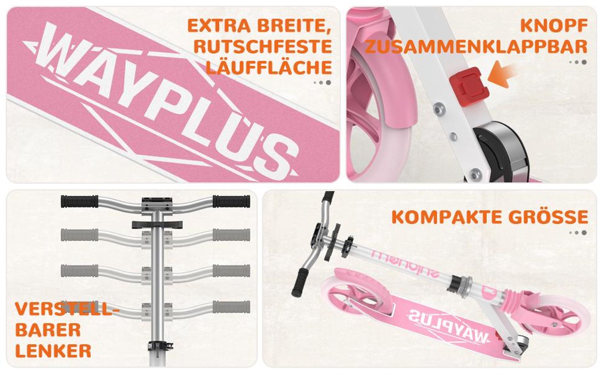 WAYPLUS Klapproller ab 6 J. bis 109 kg, 20 cm ABEC-9 Räder, 4-fach höhenverstellbarer T-Lenker, stabiler Freizeitroller für Kinder & Jugendliche