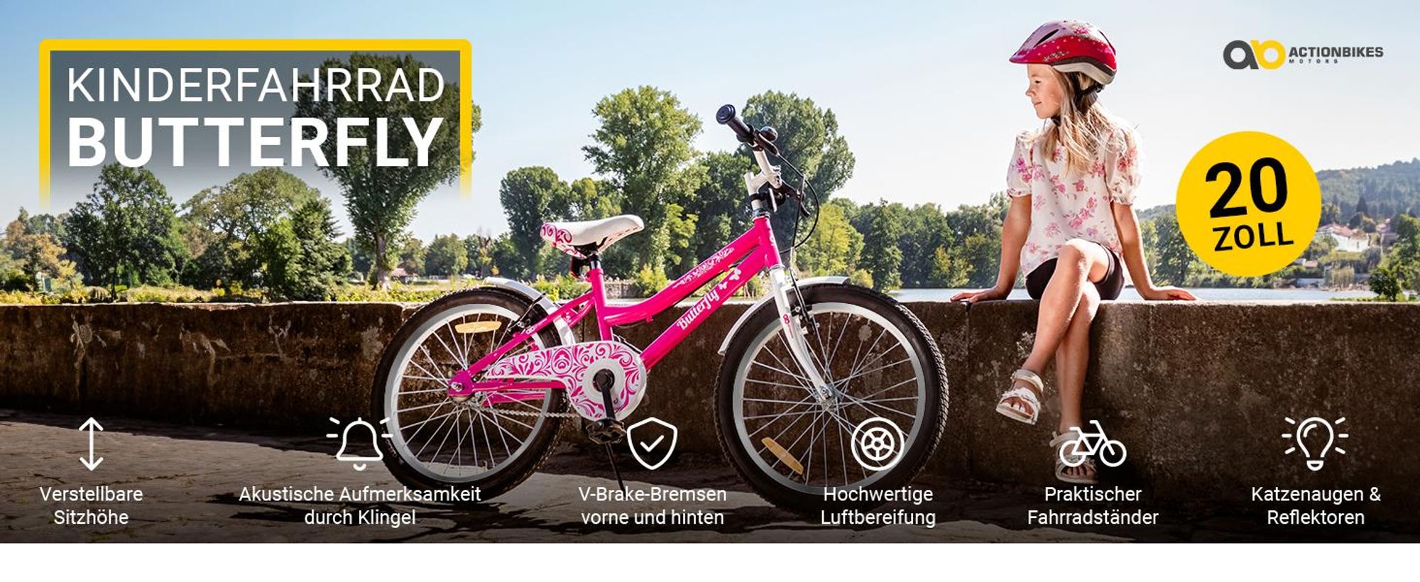 Actionbikes Kinderfahrrad Butterfly 20 Zoll | Kinder & Jugend Fahrrad - V-Brake Bremsen - Kettenschutz - Fahrradständer - 6-9 Jahre (Pink/Weiß)