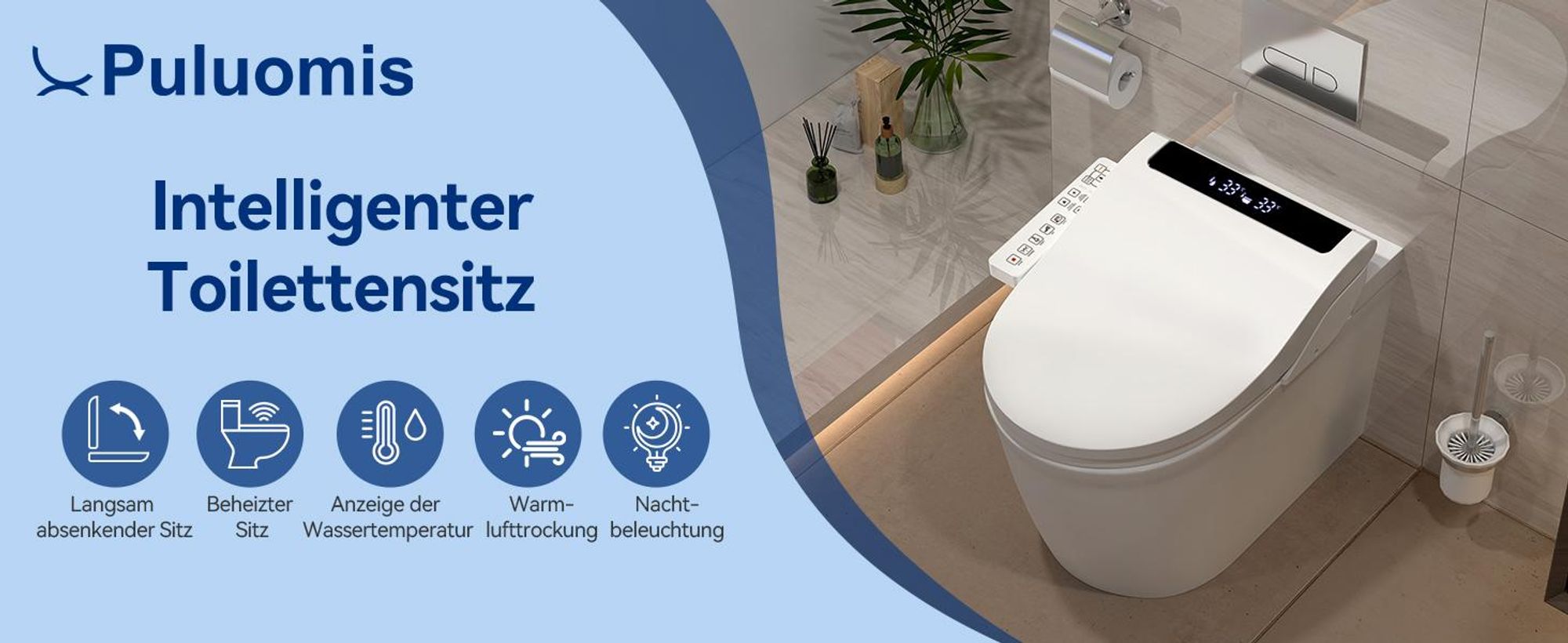 Puluomis Intelligenter Toilettensitz mit Warmwasser, Warmluft, Heizsitz, Duschfunktion, Trocknung, 4-Temperaturstufen, LCD-Display, Nachtlicht lang