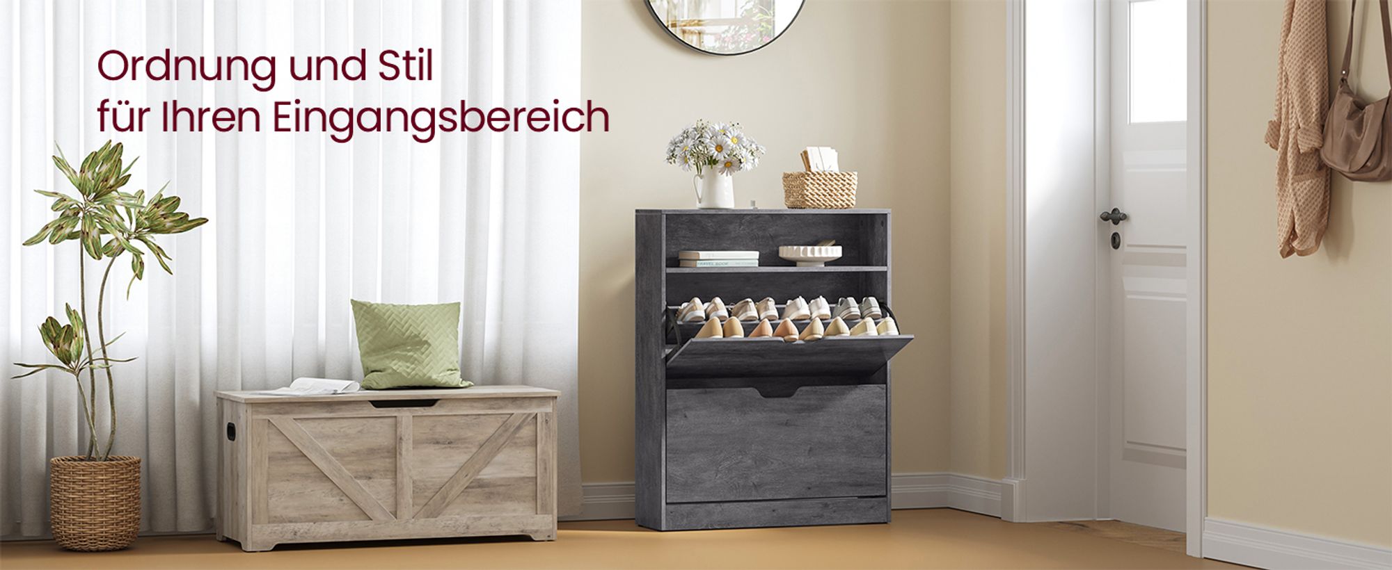 VASAGLE Schuhschrank 2 Klappen, Schuhregal, Schuhaufbewahrung, offenes Fach, Trennwand verstellbar, für 11-16 Paar Schuhe, Flur,24x80x102cm, nebelgrau