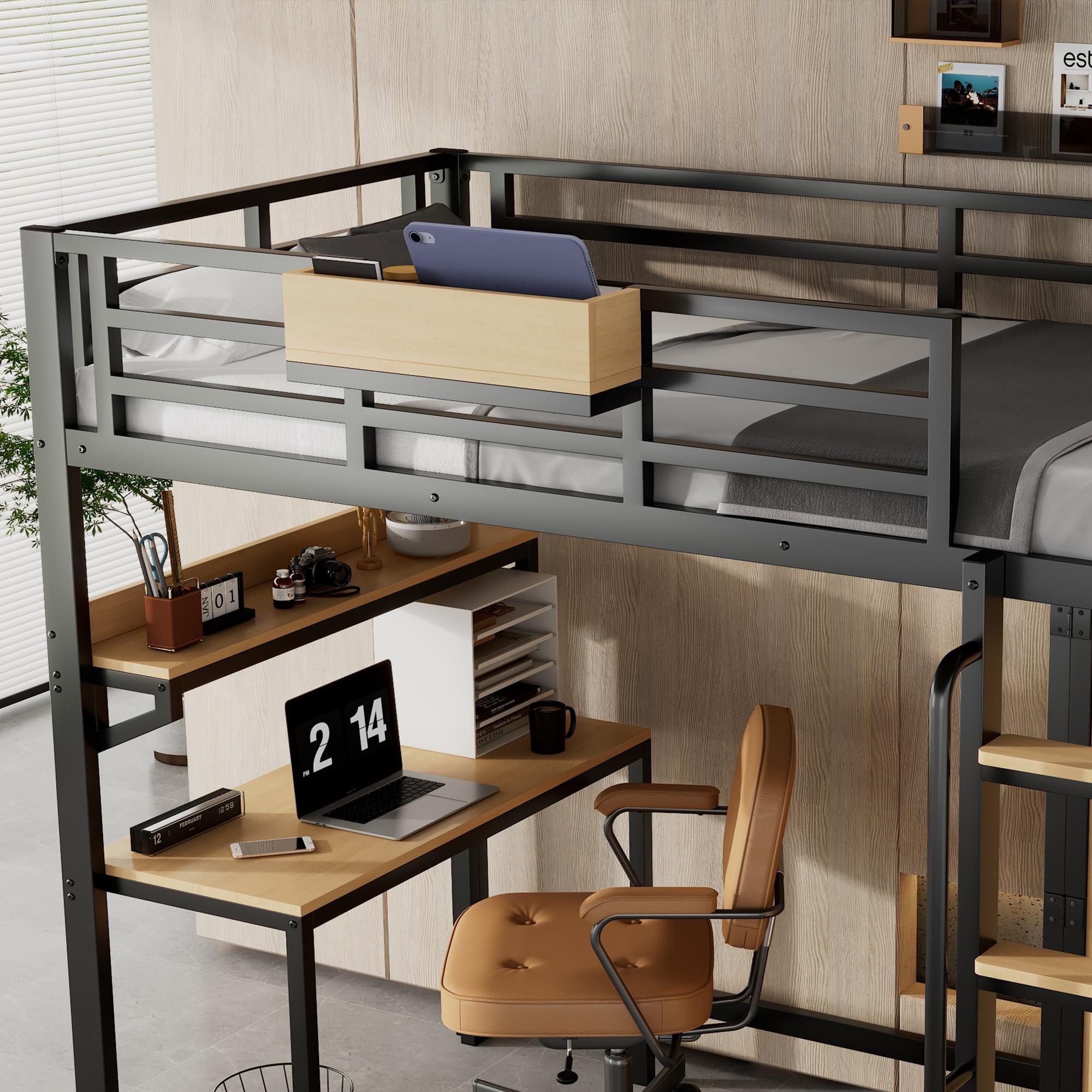 Flieks Etagenbett Metallbett 90x200cm mit Schreibtisch & Ablage, Kinderbett Hochbett mit Kleiderschrank, Jugendbett Einzelbett mit Lattenrost, Schwarz