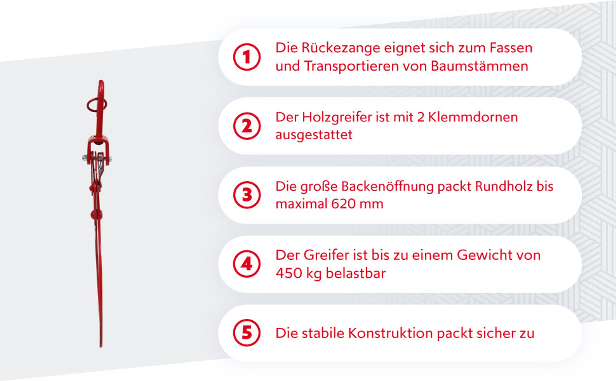 Wiltec Forstzange für Baumstämme bis 620 mm, 450 kg Zugkraft, Holzzange Hebezange Packzange mit 2 Klemmdornen