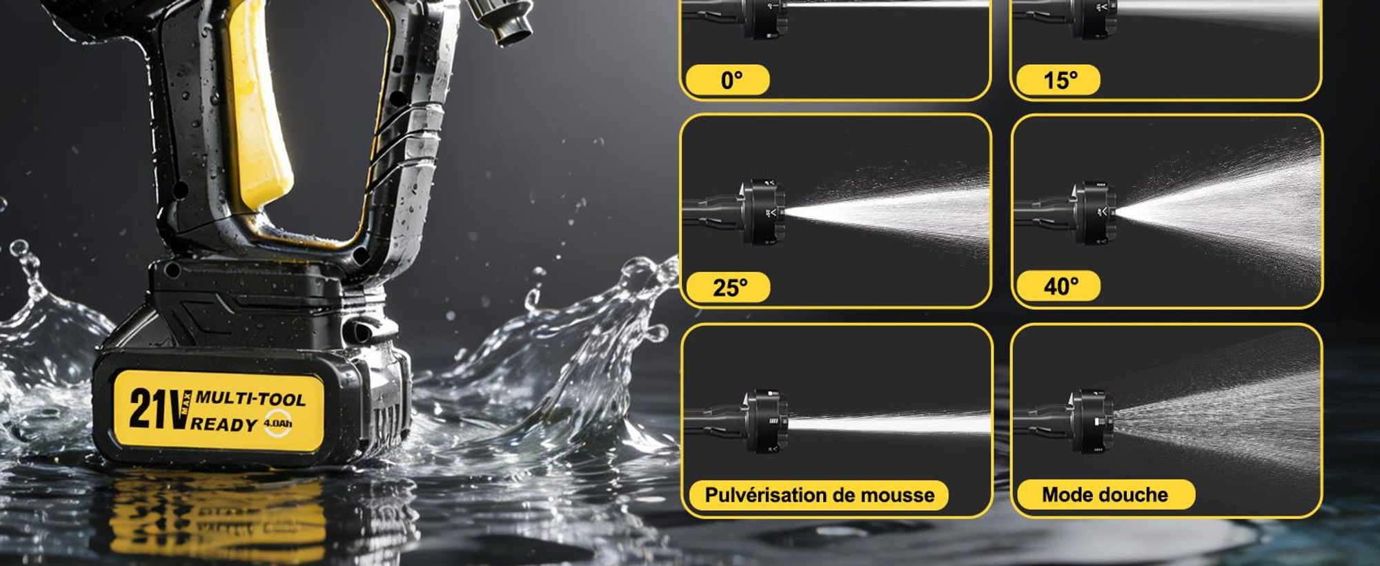 Akku Hochdruckreiniger Kabellos, 2×4000mAh Akku (8000mAh), Entfernt Schmutz & Öl Mühelos, 6-in-1 Düse + Rotationsdüse, 17-tlg Set für Auto, Garten & T