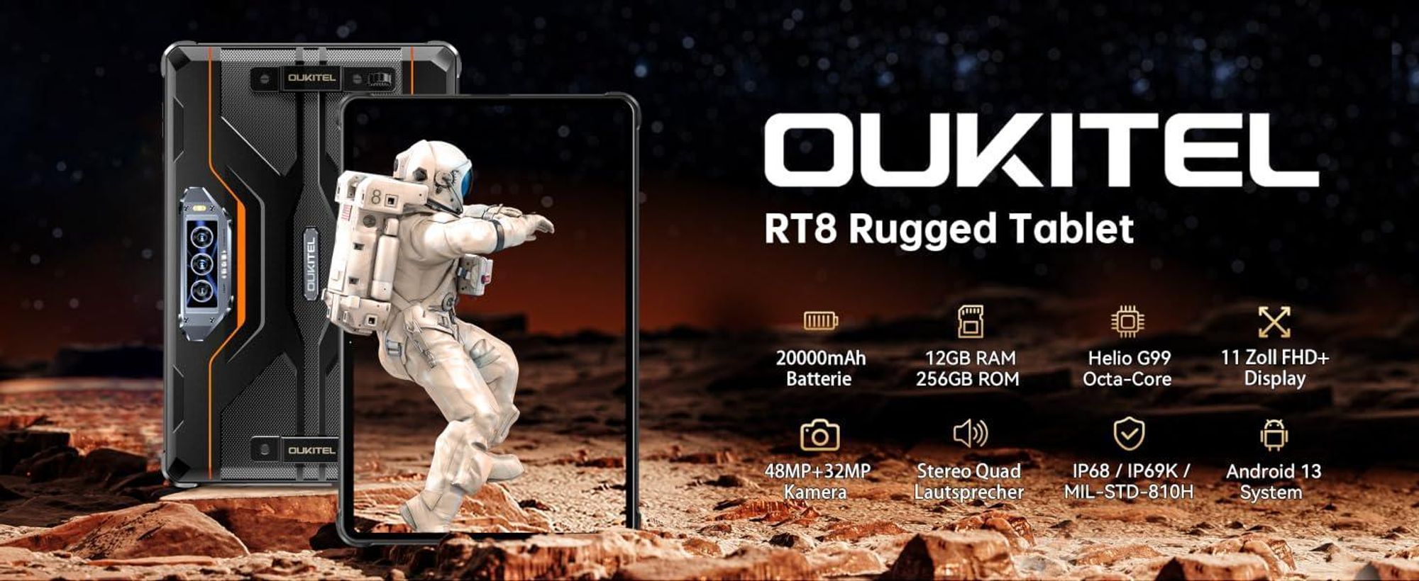 OUKITEL RT8 Outdoor Tablet 20000mAh 12GB+256GB G99, 11 Zoll FHD+ Rugged Tablet 48MP+32MP Android 14 Gaming Tablet NFC 4G Dual SIM/5G WiFi, Orange