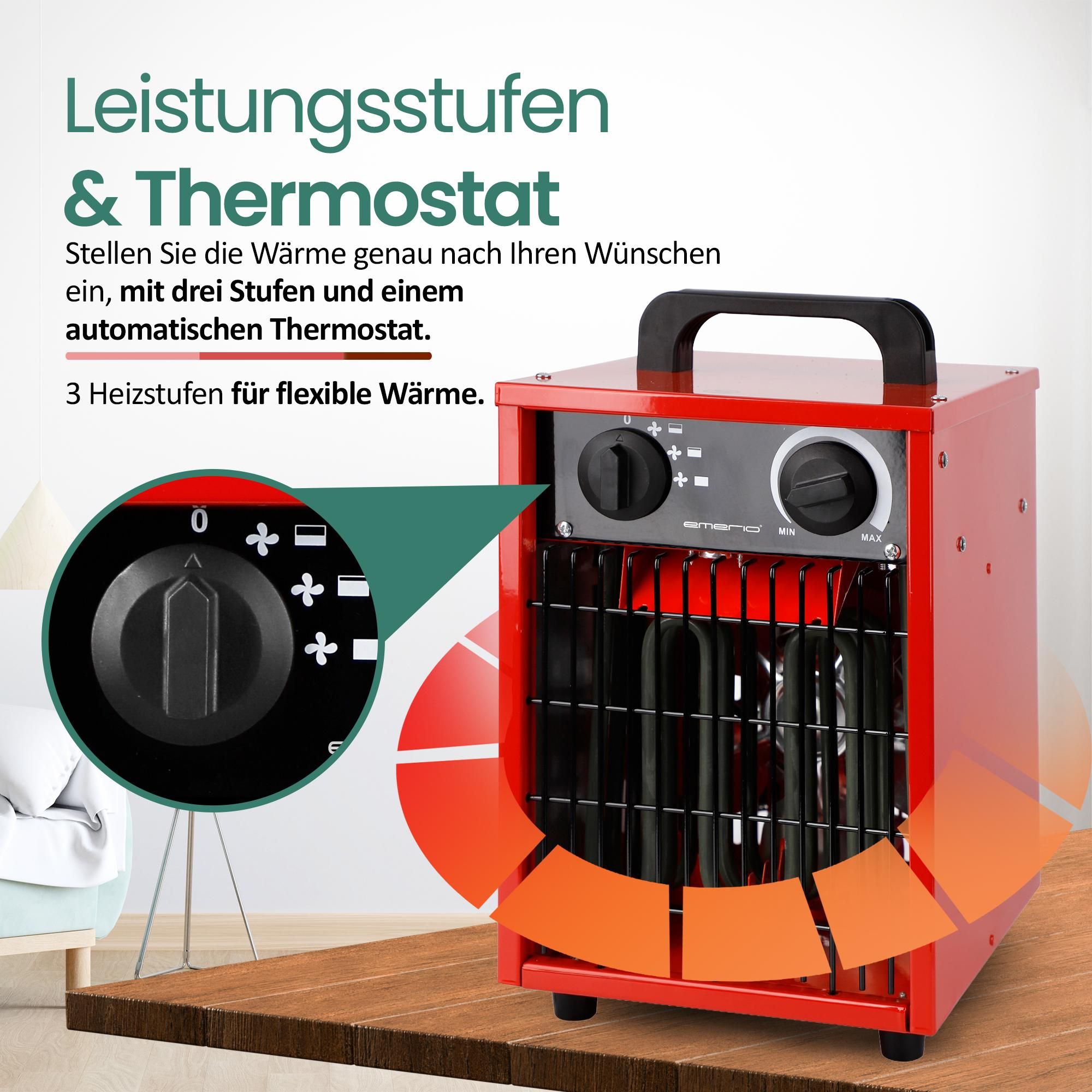 Emerio Power-Heizlüfter FH-102990 - Industrielle Heizlüfter – 30 m² – 3000W – IP24 - Ventilationsfunktion - einstellbarer Thermostat – 3 Heizstufen