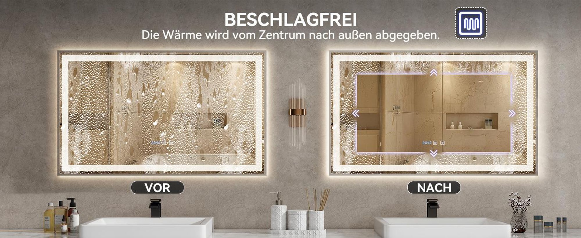 Puluomis Badspiegel 100x60 beschlagfrei mit 3 Farbe Beleuchtung, dimmbare Helligkeit, Badezimmerspiegel mit Digitaluhr, Temperatur silber