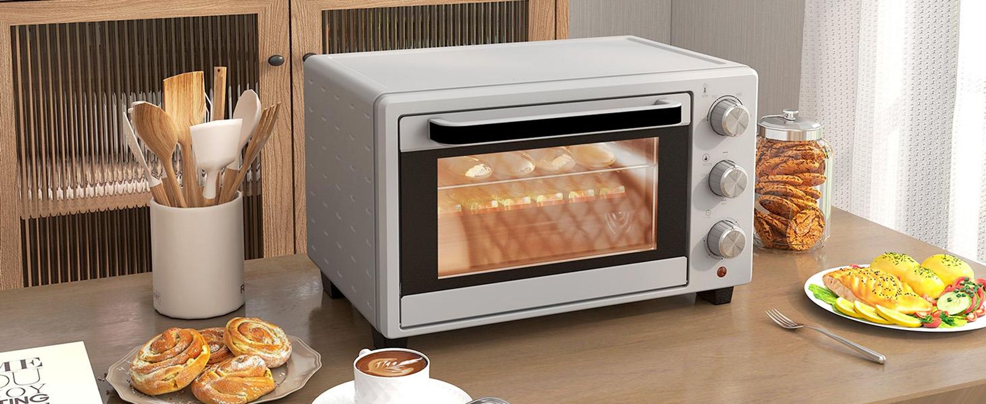 HOMCOM Mini piekarnik 21 l – piekarnik do pizzy, mini piekarnik z blachą do pieczenia, rusztem do grillowania i tacką na okruchy