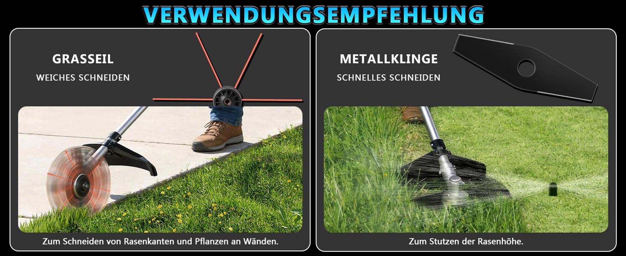 1380W Akku Rasentrimmer mit 2×4.0Ah Akku 18V, 168cm Teleskop Freischneider mit 7 Klingentypen Unkrautbürste Motorsense 18800U/min Bürstenloser Motor