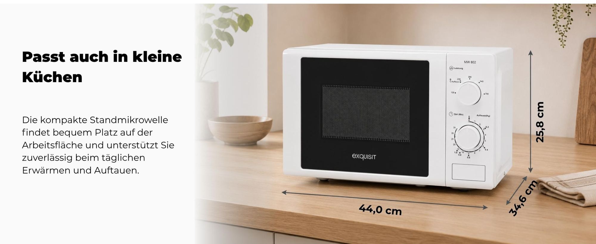 Exquisit Mikrowelle 20L, 700 Watt, 25,5cm Drehteller, 5 Leistungsstufen, Timer, Auftaufunktion, 2 Drehregler, MW 802 weiss
