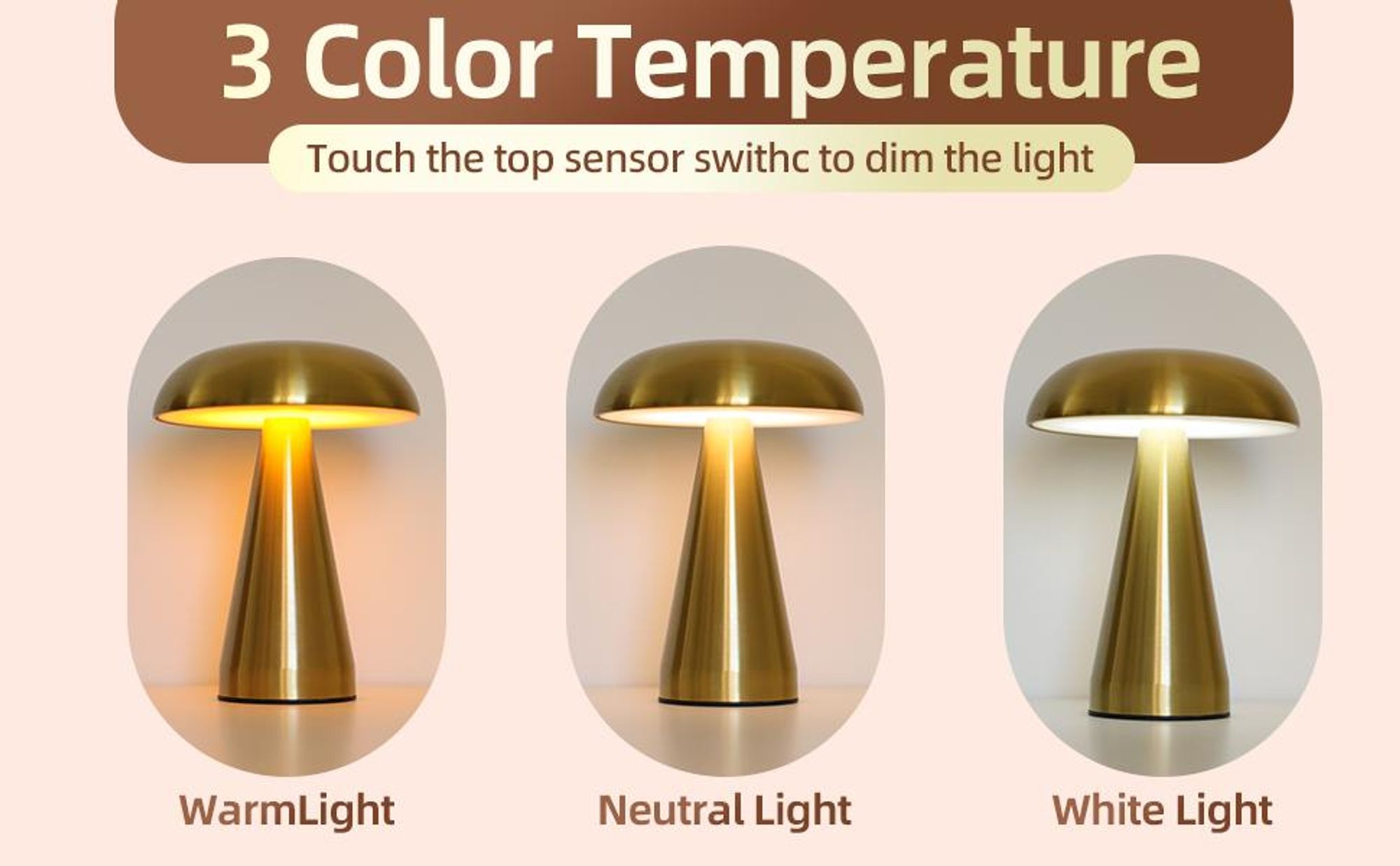 LED-Pilzlampe, tragbare Metall-Schreibtischlampe, USB-Aufladung Nachttischlampe, dreifarbiges Touch-Kabellos Dimmen, Augenschutz-Nachtlicht, Gold