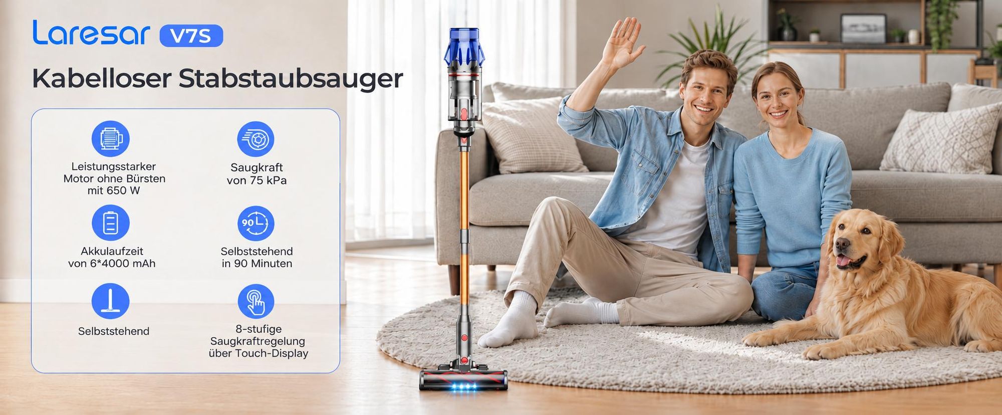 Laresar V7S Akku-Staubsauger – 90 Min. Laufzeit, 75 kPa, 650 W, abnehmbarer Akku, Duftfunktion, hocheffiziente Filtration