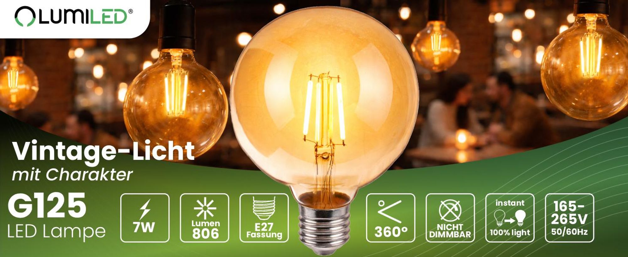 LUMILED G125 E27 LED Vintage Lampe 7W (Entspricht 60W), 806 Lm Farbiges Glas Leuchtmittel kugelförmig 2000K Licht Traditionelle Warmglow Globe Birne, Retro 360° Glühbirnen Filament