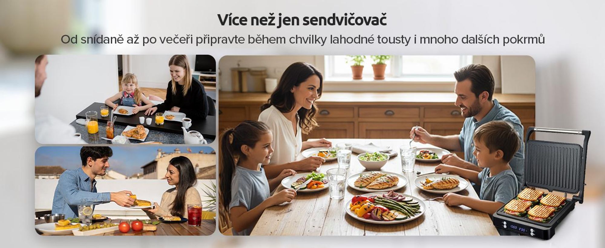 Kontaktní gril Olvy XXL 2000W - sendvičovač pro 4 sendviče, panini maker se 7 programy, stolní gril s displejem, bez PFAS, nastavitelný do 230°