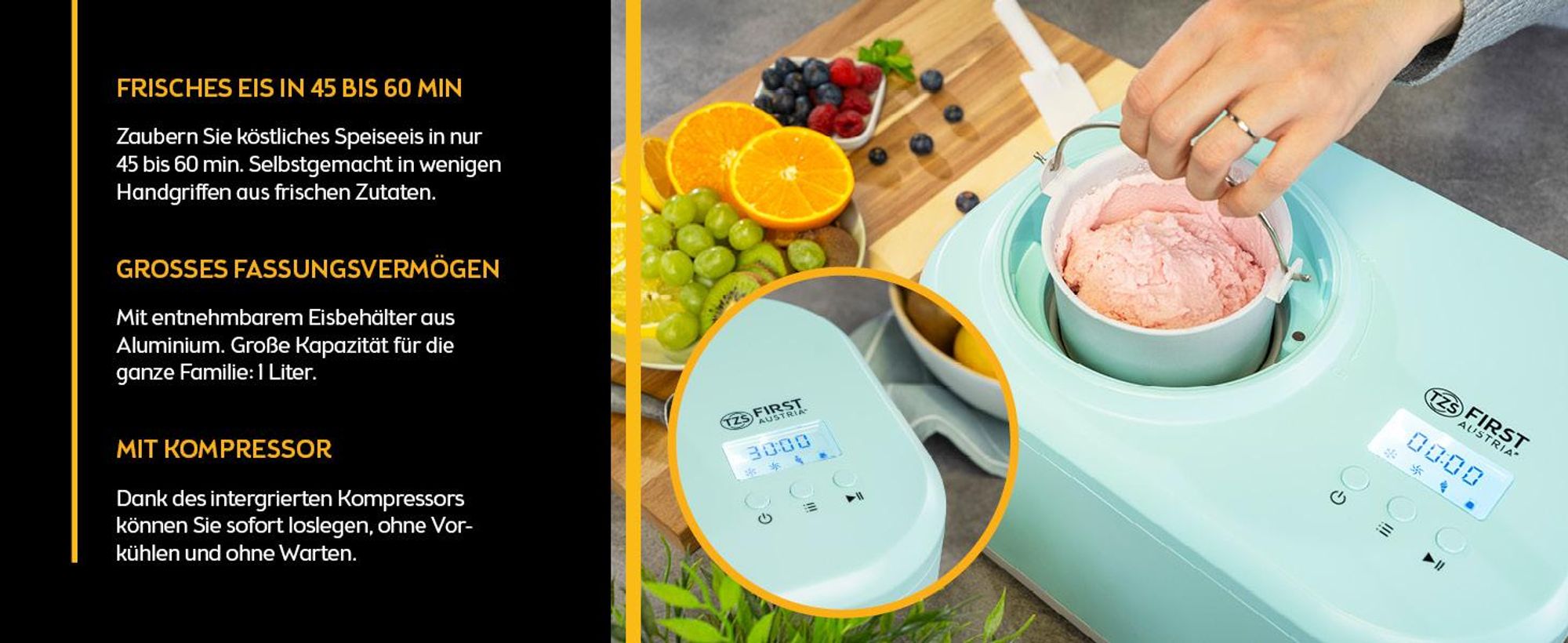 TZS First Austria - Eismaschine 1L 100W - mit Kompressor & Kühlhaltenfunktion - Türkis