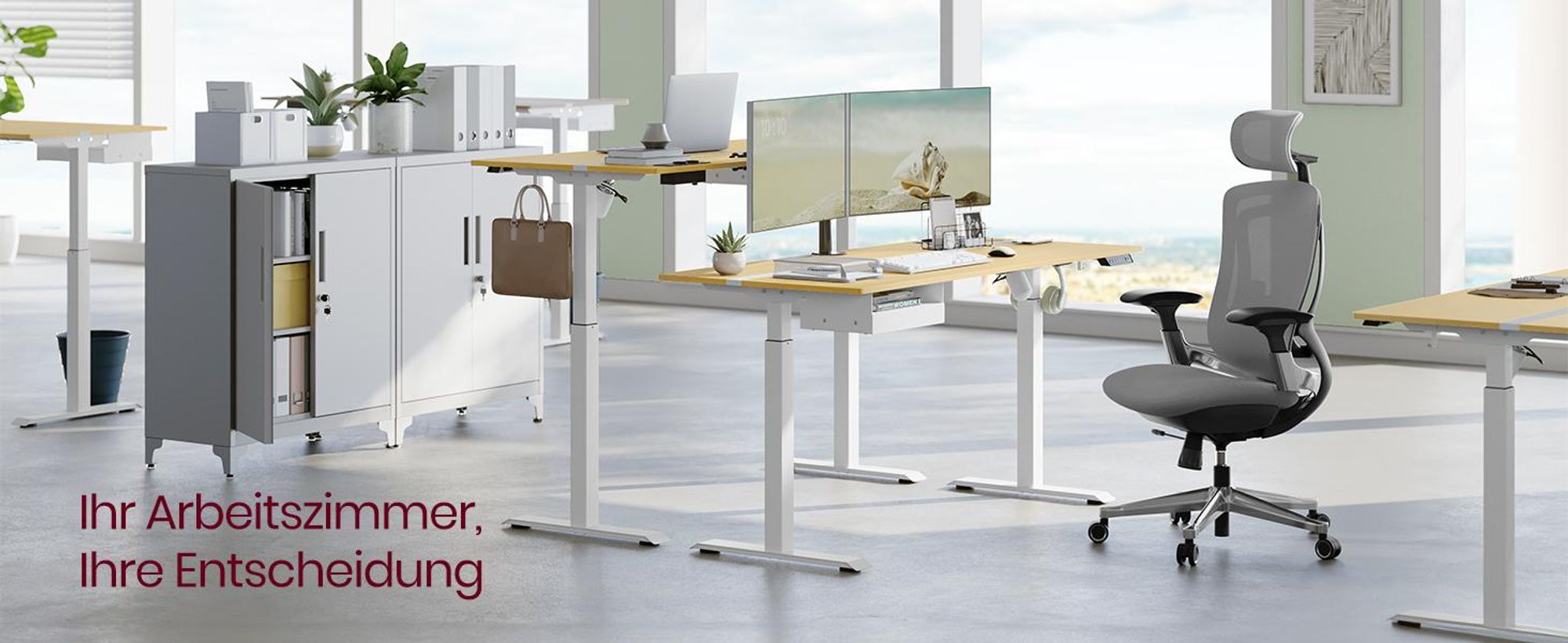VASAGLE Höhenverstellbarer Schreibtisch elektrisch, mit Steckdose und Schublade, 70 x 160 cm Memory-Funktion, goldeichenfarben-wolkenweiß
