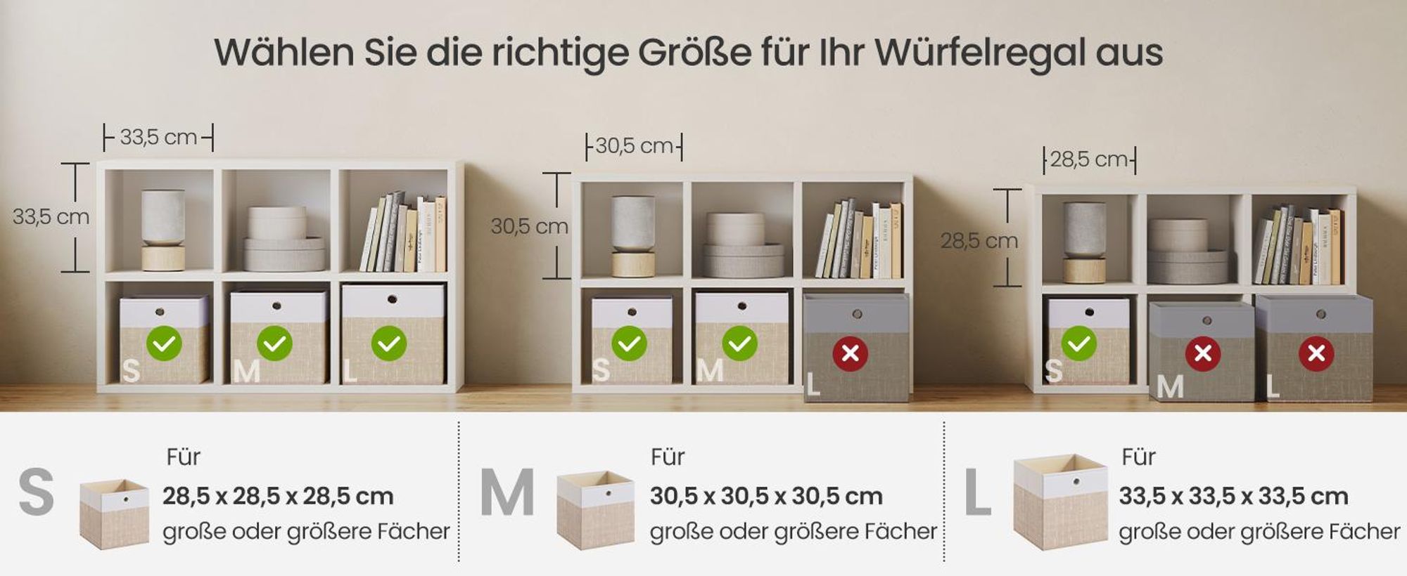 SONGMICS Aufbewahrungskörbe, 6er Set, faltbare Stoffboxen mit PP-Platten, für Regal, 26 x 26 x 28 cm, weiß-beige