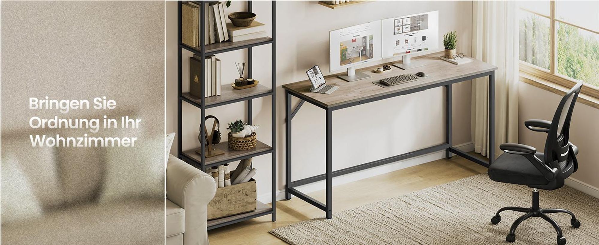 VASAGLE Schreibtisch, 140 x 50 x 76 cm, Computertisch, für Arbeitszimmer, Schlafzimmer, Wohnzimmer, greige-schwarz