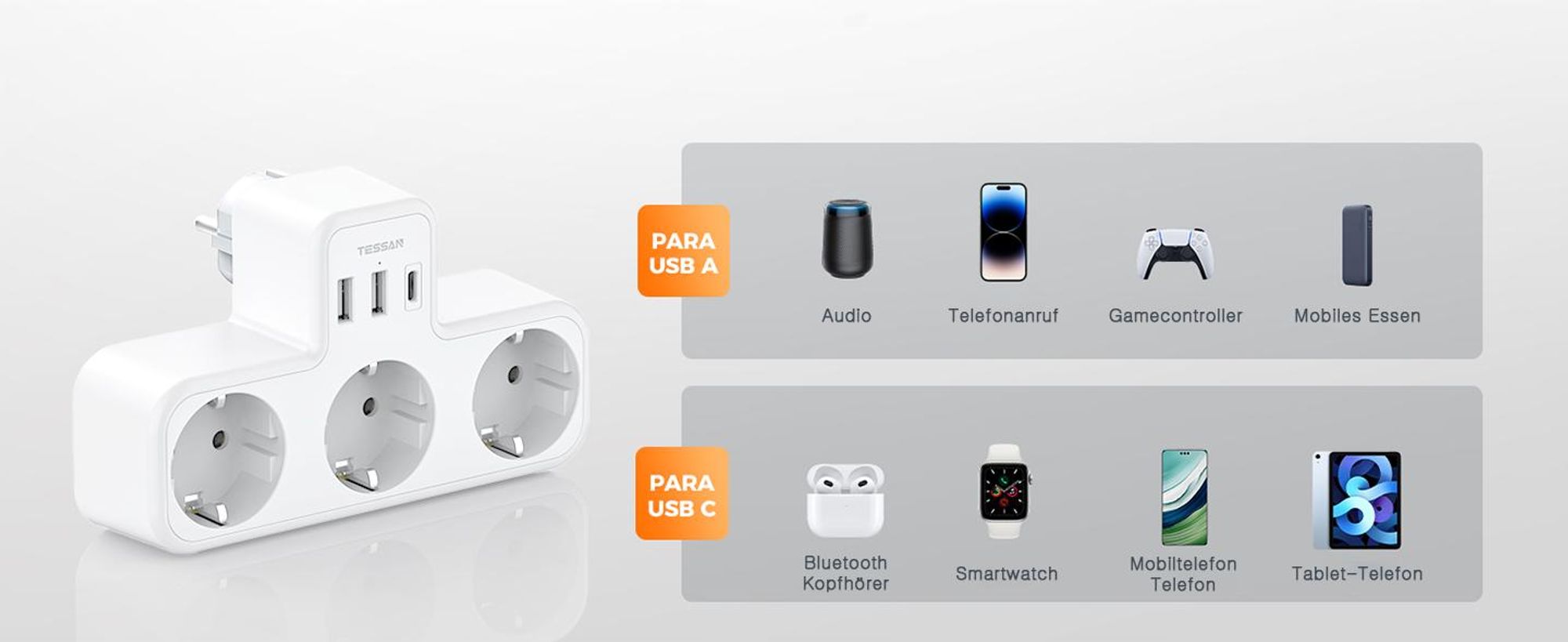 TESSAN Mehrfachstecker 3 Fach Steckdosenadapter mit 2 USB A 1 USB C Mehrfachsteckdose Weiß