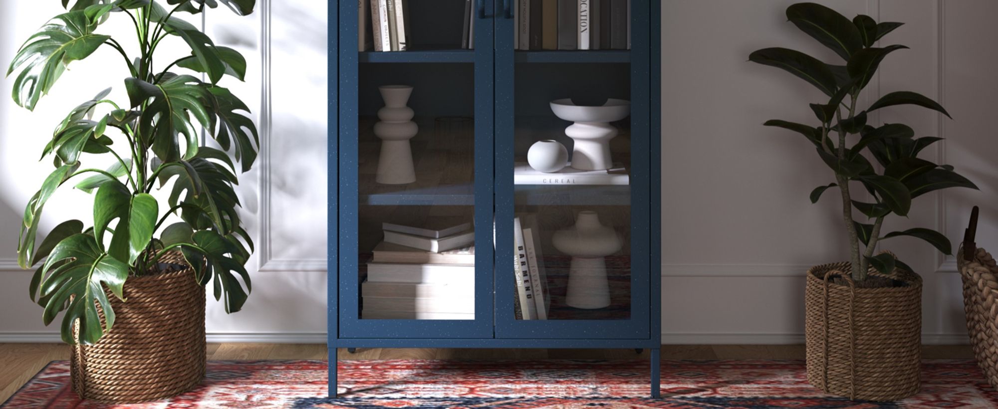 Vitrinenschrank Wohnzimmerschrank mit 4 Fachböden Vitrine Glitzernd Metall Dunkelblau
