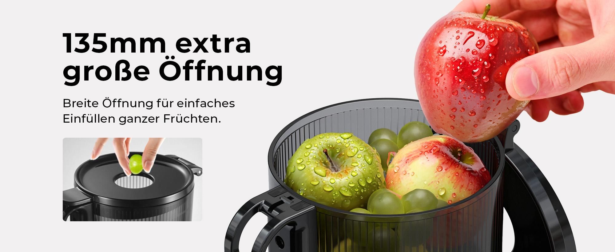 Balter Entsafter für Obst und Gemüse, 300W Saftpresse, Große 1300mm Einfüllöffnung inkl. Reinigungsbürste, Dreifach Filter, Leise, BPA-frei, Anthrazit