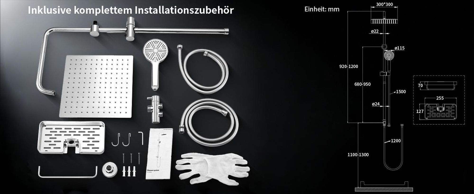 Homelody Duschsystem ohne Armatur, Duschset Duschsäule mit SUS304 Edelstahl Duschablage 30cm kopfbrause & Handbrause Quadratisch 3 Strahlarten Chrom