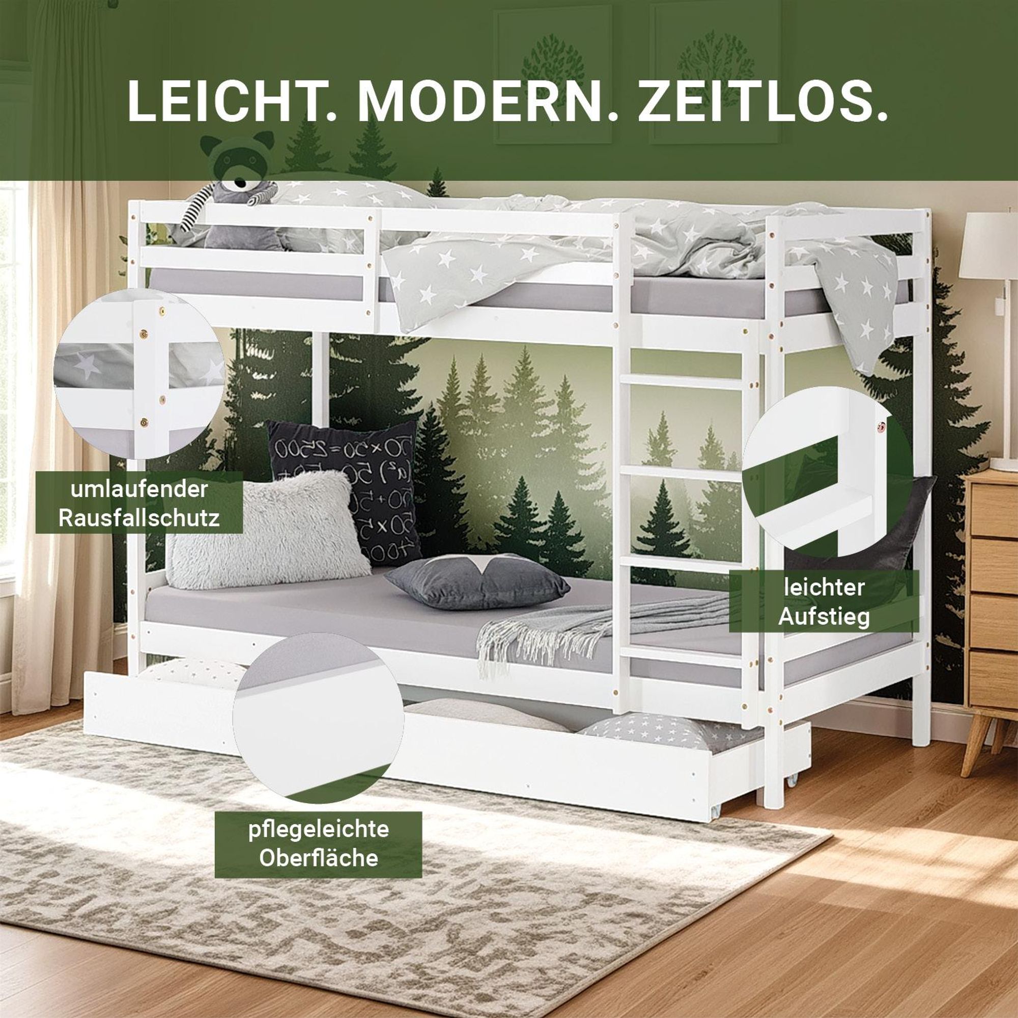 Ein Etagenbett mit viel Stauraum und umlaufendem Rausfallschutz.