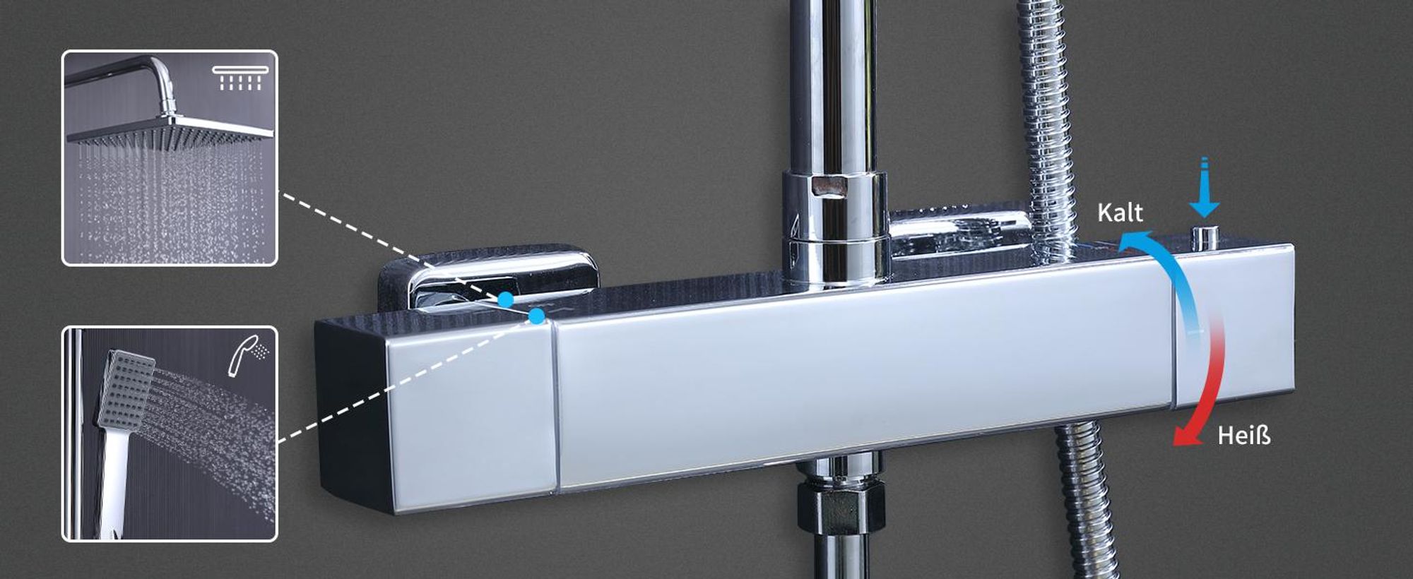 Duschsystem mit Thermostat HOMELIVE Duscharmatur Chrom Duschset Regendusche Rainshower Dusche inkl. Verstellbar Handbrause Regenbrause Duschstange