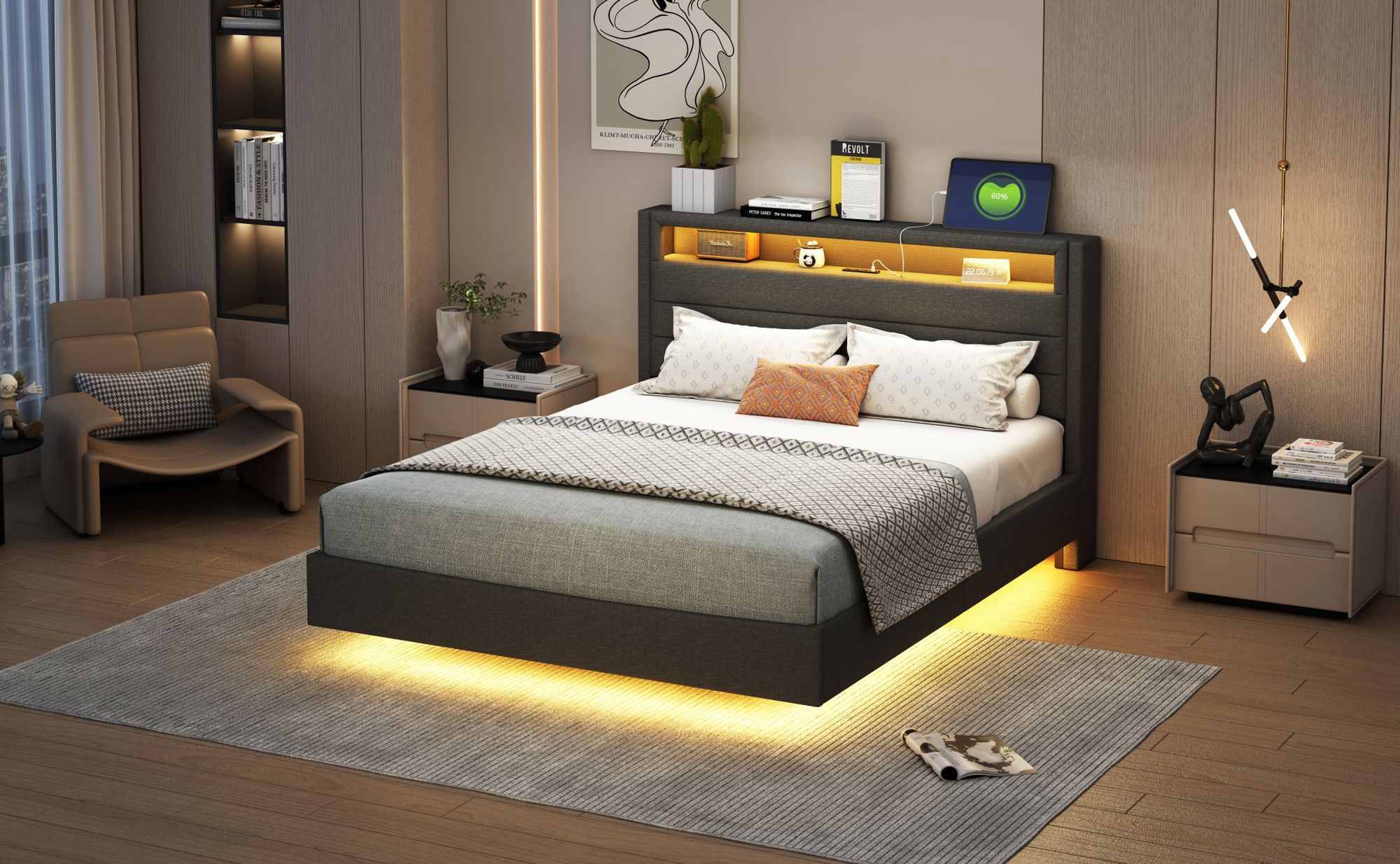 Bettgestell im modernen Design mit LED-Lichtern und USB-Ladeanschluss